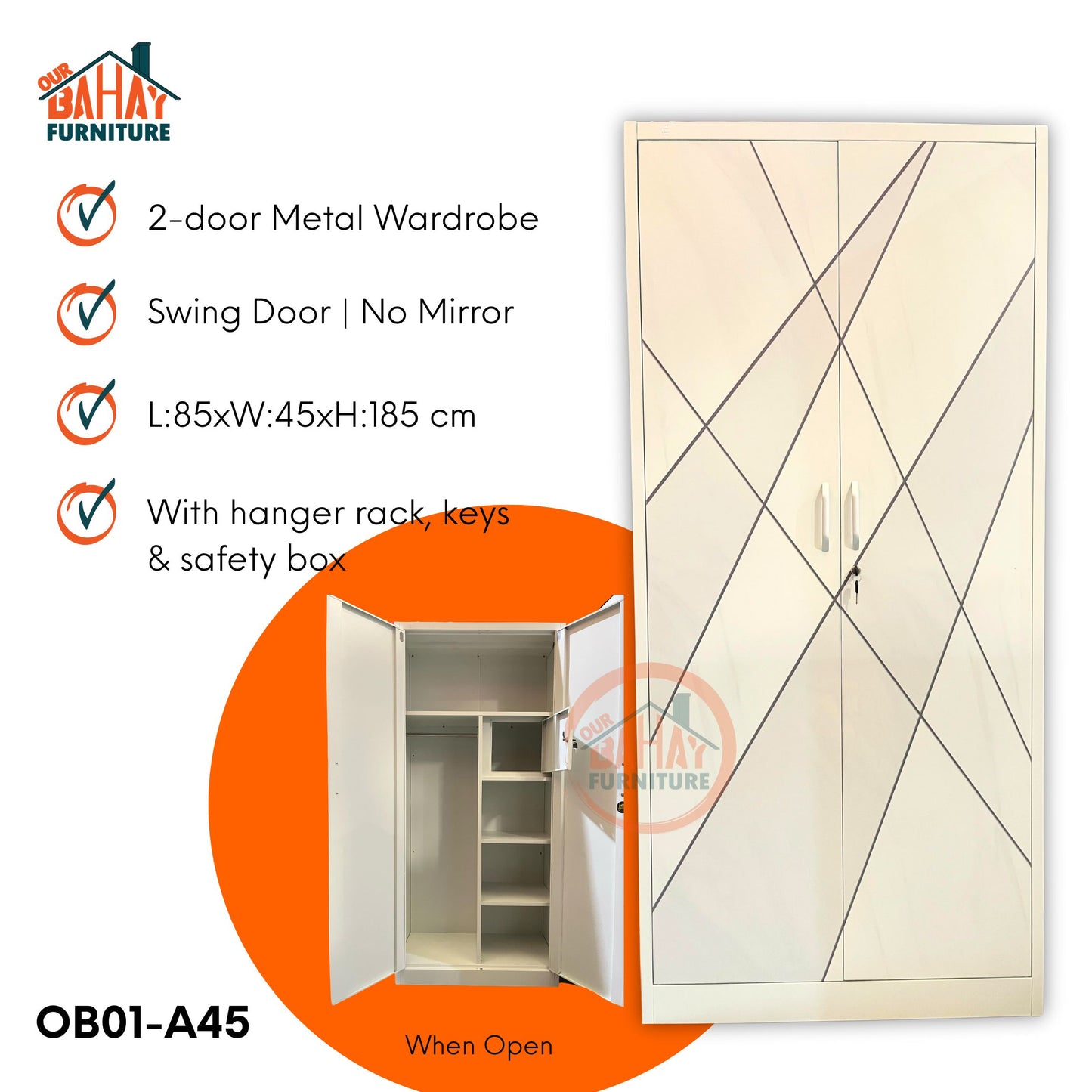 OB01-A45 Metal Steel Cabinet / Wardrobe | 2 Swing Door