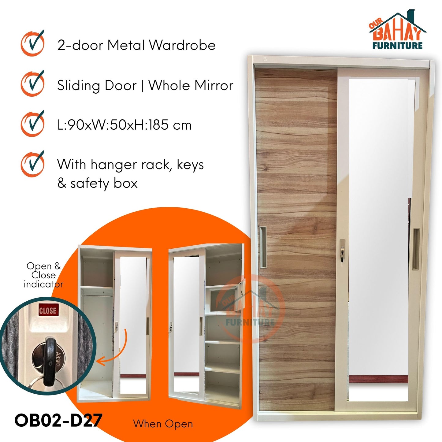 OB02-D27 Metal Steel Cabinet / Wardrobe | 2 Sliding Door