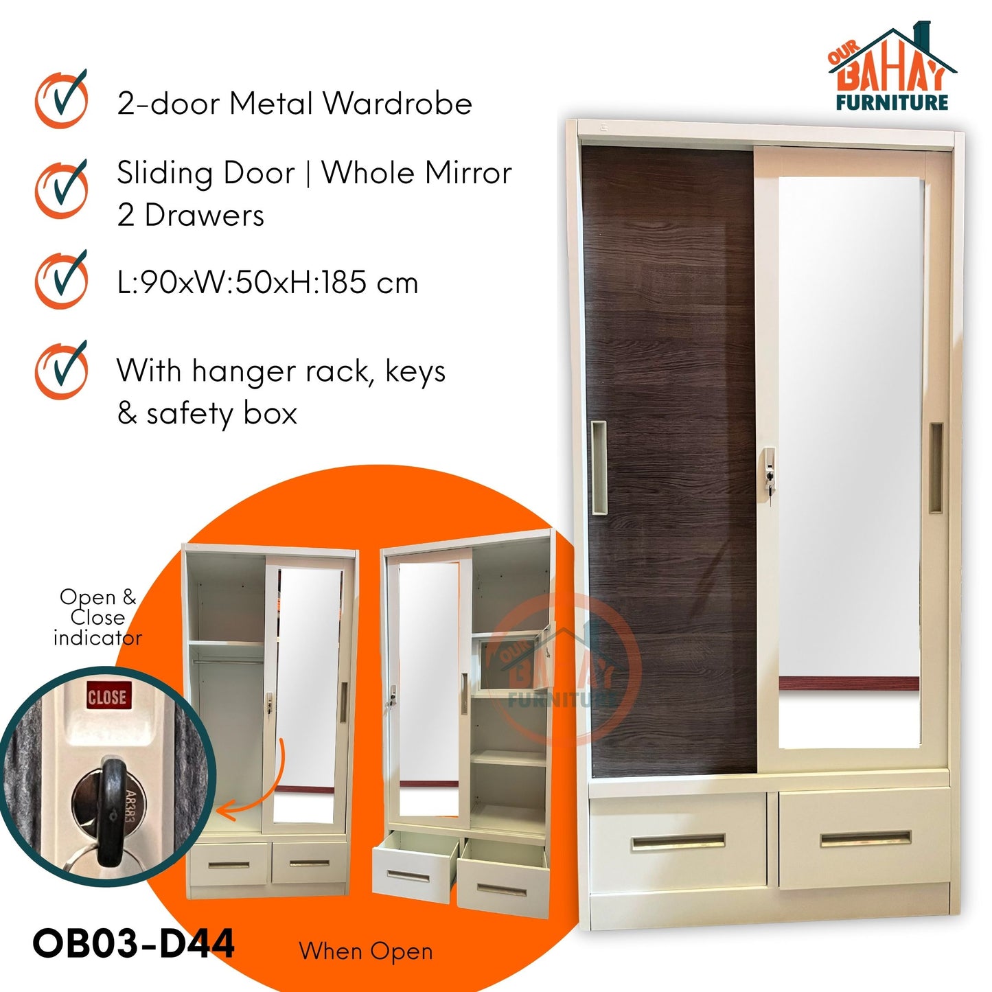 OB03-D44 Metal Steel Cabinet / Wardrobe | 2 Sliding Door