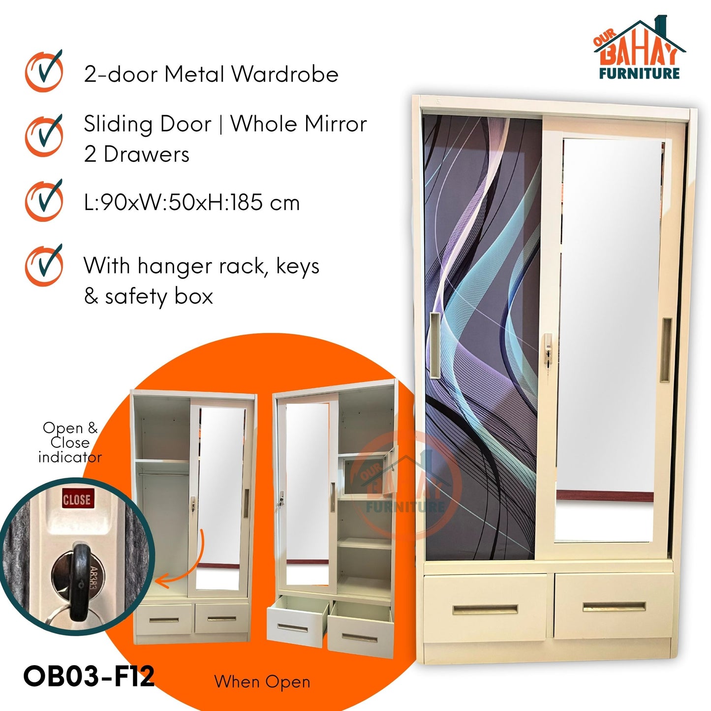 OB03-F12 Metal Steel Cabinet / Wardrobe | 2 Sliding Door