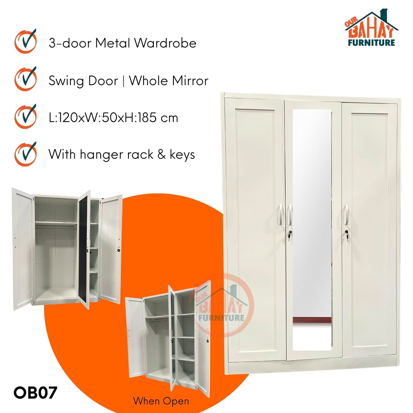 OB07 Metal Steel Cabinet / Wardrobe | 3 Swing Door