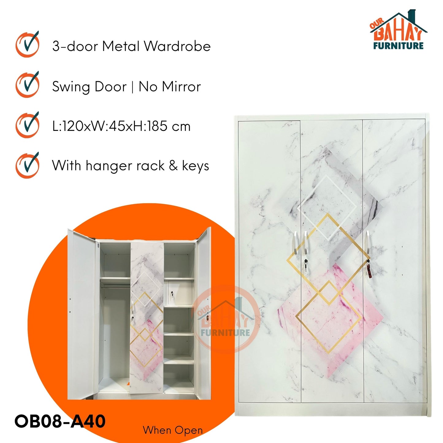 OB08-A40 Metal Steel Cabinet / Wardrobe | 3 Swing Door