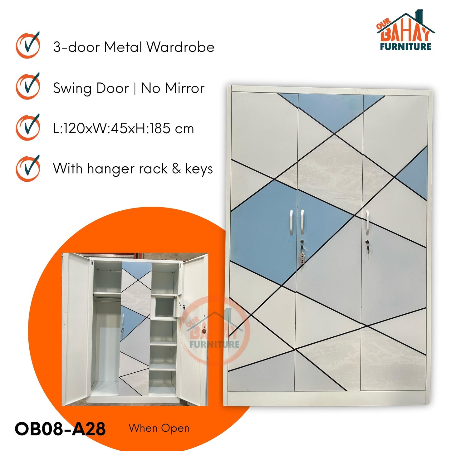 OB08-A28 Metal Steel Cabinet / Wardrobe | 3 Swing Door