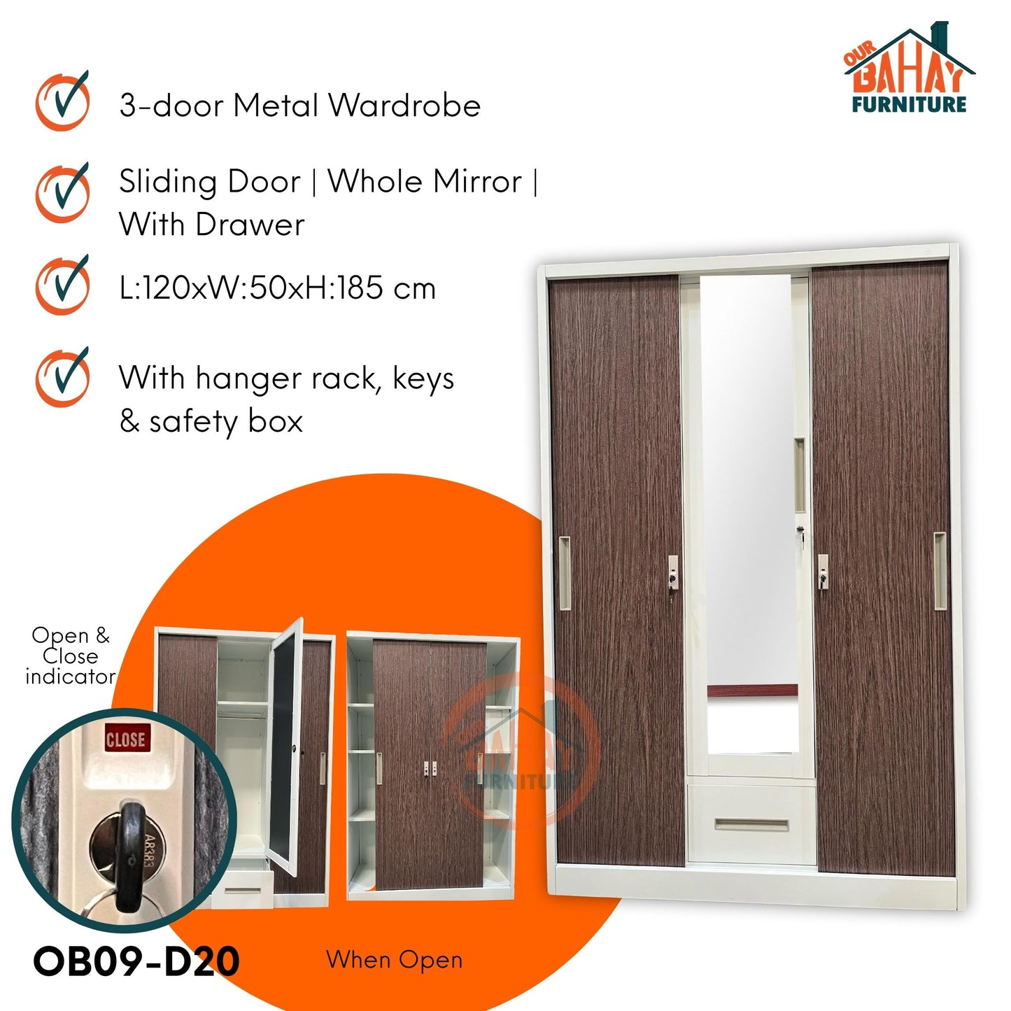 OB09-D16 Metal Steel Cabinet / Wardrobe | 3 Sliding Door