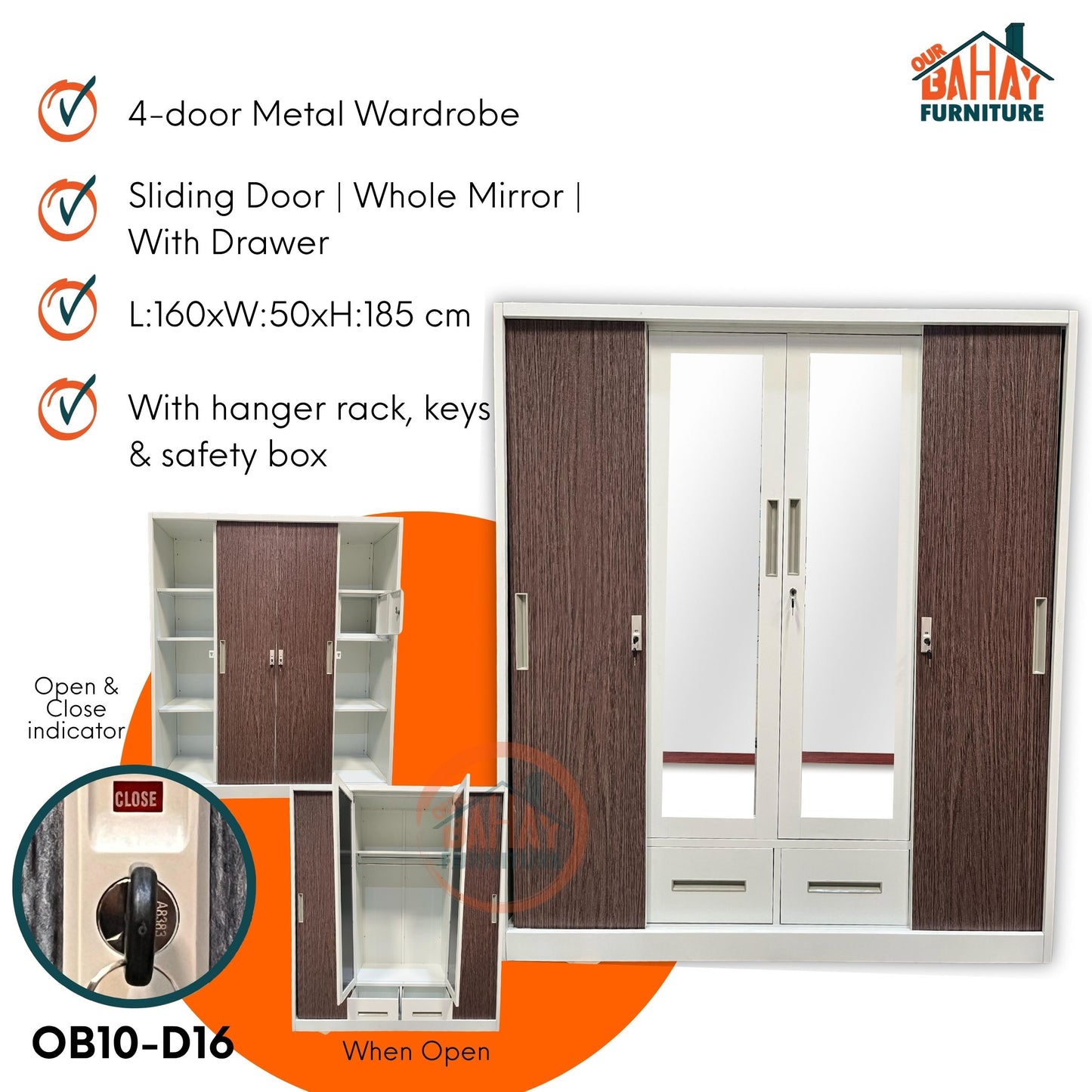 OB10-D16 Metal Steel Cabinet / Wardrobe | 4 Sliding Door