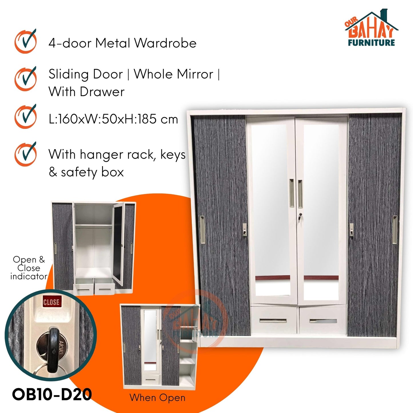 OB10-D20 Metal Steel Cabinet / Wardrobe | 4 Sliding Door
